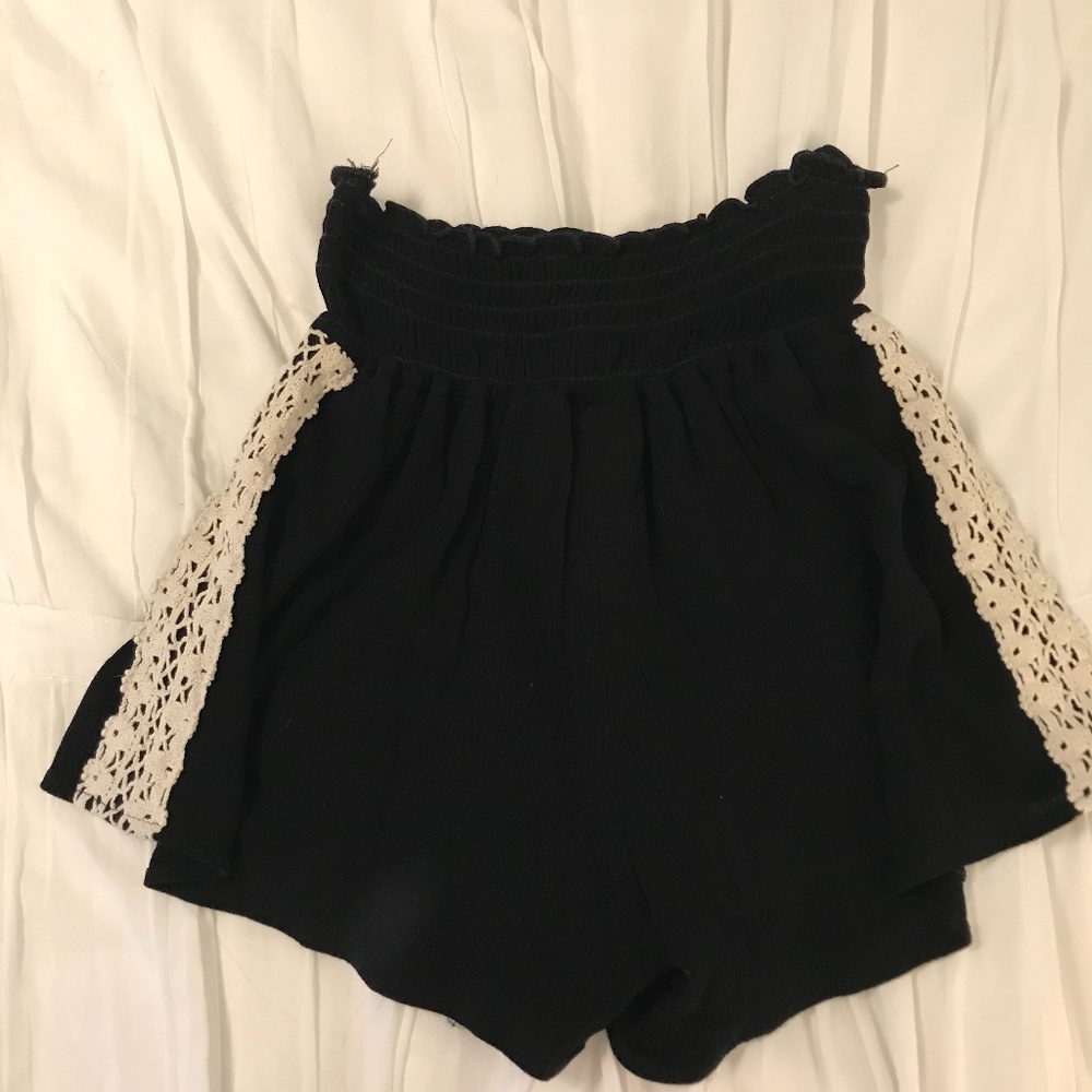 Black High Waisted Shorts with Cream Lace details